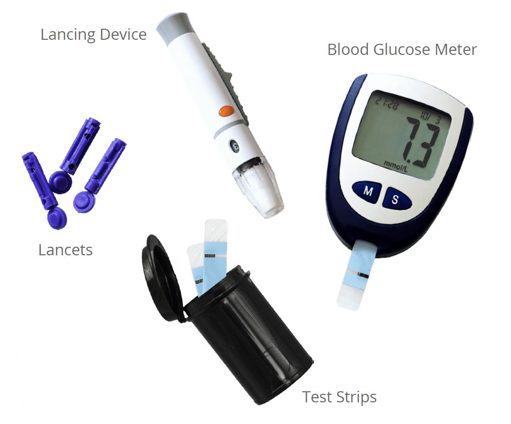 Photo of generic blood glucose testing device and lancet and test strip